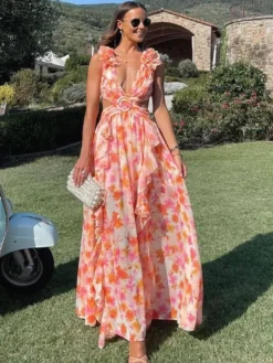 Robes de vacances maxi à volants plissées sans manches à imprimé floral col en V et manches pétales robes orange décontractées