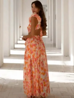 Robes de vacances maxi à volants plissées sans manches à imprimé floral col en V et manches pétales robes orange décontractées