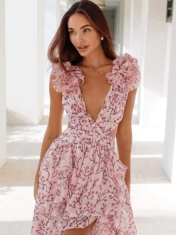 Robes de vacances maxi à volants plissées sans manches à imprimé floral col en V et manches pétales robes orange décontractées