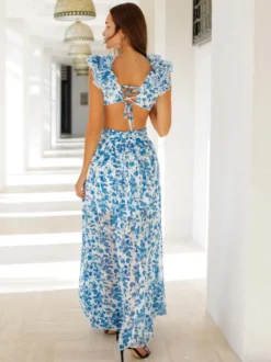 Robes de vacances maxi à volants plissées sans manches à imprimé floral col en V et manches pétales robes orange décontractées