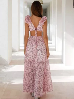 Robes de vacances maxi à volants plissées sans manches à imprimé floral col en V et manches pétales robes orange décontractées