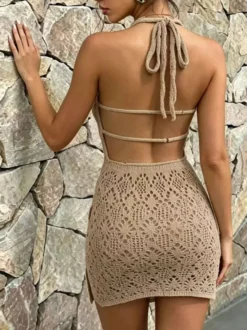 Robes de vacances mini-robes robes sexy kaki à lacets et sans manches avec col rond robe