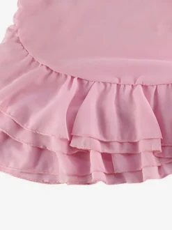 Robes de vacances roses chics mini dos nu à volants manches longues et épaules dénudées