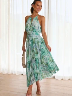 Robes Fleuri Maxi Imprimées Floral Sans Manches Élégantes Couches Plissées Dos Nu Longues Robes D'été