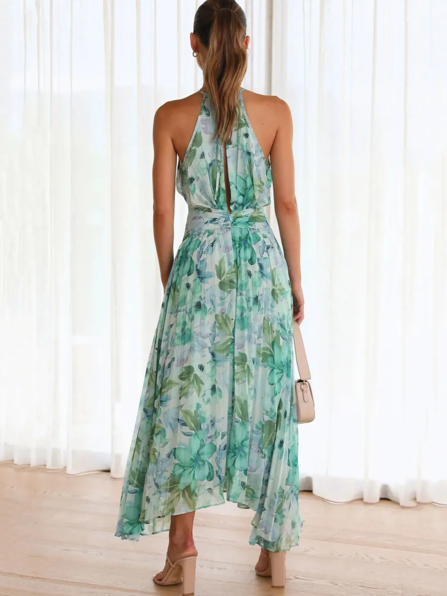 Robes Fleuri Maxi Imprimées Floral Sans Manches Élégantes Couches Plissées Dos Nu Longues Robes D'été