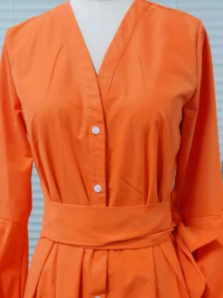 Robes Longues Femmes en Mousselines à Col Décolleté en V avec Manches Longues Amples Coupe Cintrée à Lacets Fente Sur Devant Unicolore Robes Longues Femmes