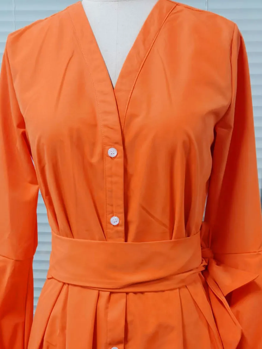 Robes Longues Femmes en Mousselines à Col Décolleté en V avec Manches Longues Amples Coupe Cintrée à Lacets Fente Sur Devant Unicolore Robes Longues Femmes