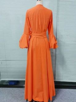Robes Longues Femmes en Mousselines à Col Décolleté en V avec Manches Longues Amples Coupe Cintrée à Lacets Fente Sur Devant Unicolore Robes Longues Femmes