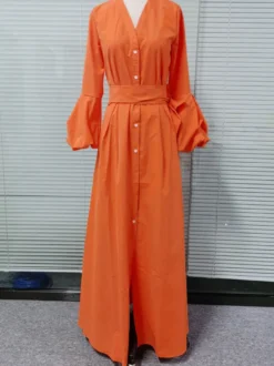 Robes Longues Femmes en Mousselines à Col Décolleté en V avec Manches Longues Amples Coupe Cintrée à Lacets Fente Sur Devant Unicolore Robes Longues Femmes