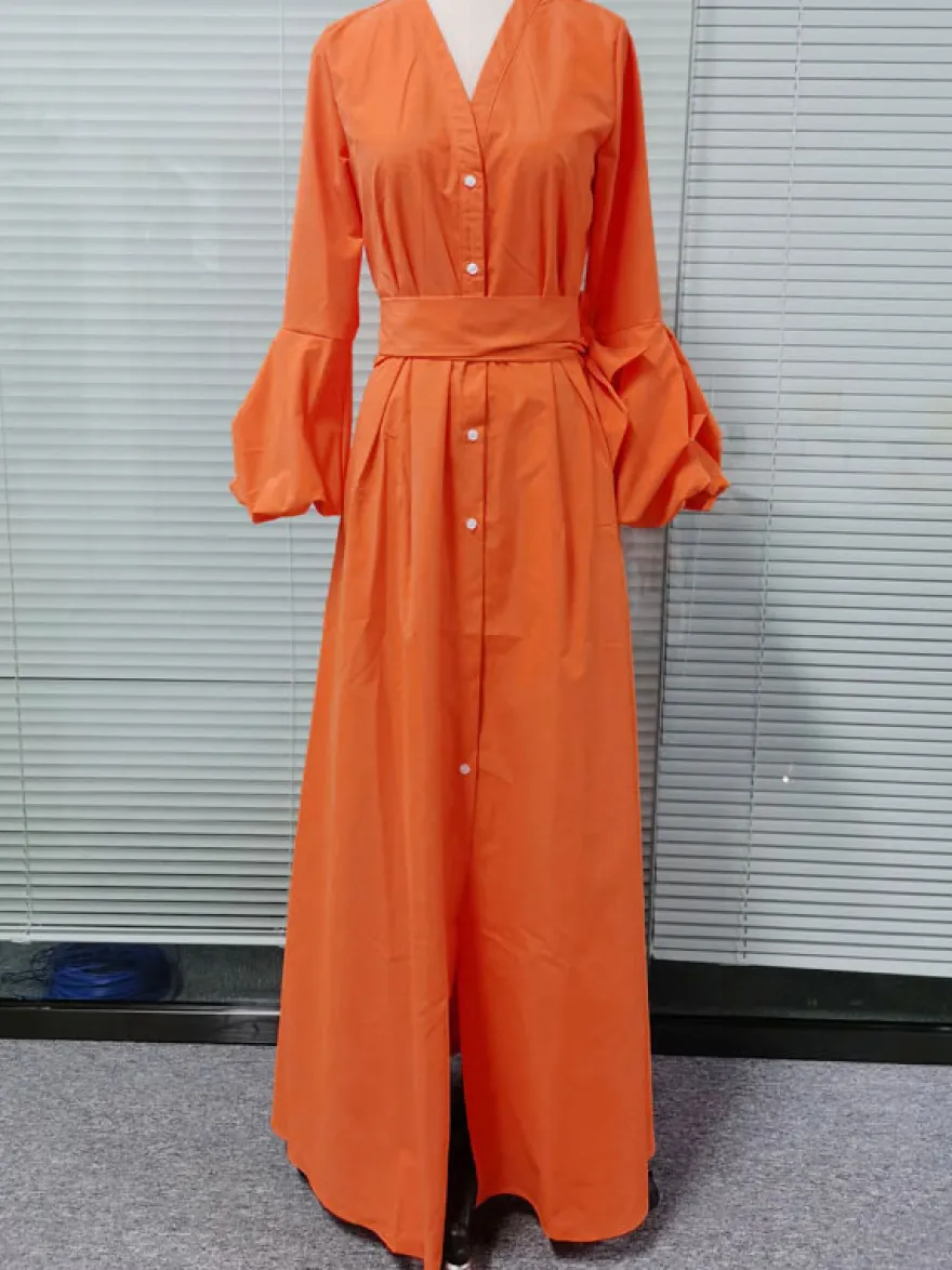 Robes Longues Femmes en Mousselines à Col Décolleté en V avec Manches Longues Amples Coupe Cintrée à Lacets Fente Sur Devant Unicolore Robes Longues Femmes