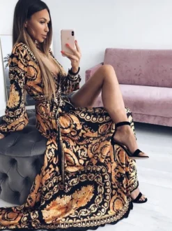 Robes Longues Imprimés Bohèmes Femmes à Col Décolleté en V avec Manches Longues Amples Coupe Cintrée à Lacets