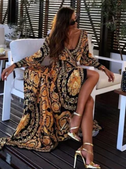 Robes Longues Imprimés Bohèmes Femmes à Col Décolleté en V avec Manches Longues Amples Coupe Cintrée à Lacets