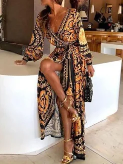 Robes Longues Imprimés Bohèmes Femmes à Col Décolleté en V avec Manches Longues Amples Coupe Cintrée à Lacets