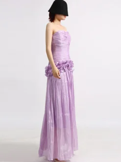 Robes maxi lilas sans bretelles à taille froncée pour femmes