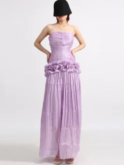 Robes maxi lilas sans bretelles à taille froncée pour femmes
