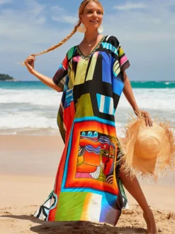 Robes maxi oversize à manches courtes imprimées col en V et manches chauve-souris maillots de bain rouges sportifs pour l'été