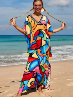 Robes maxi oversize à manches courtes imprimées col en V et manches chauve-souris maillots de bain rouges sportifs pour l'été