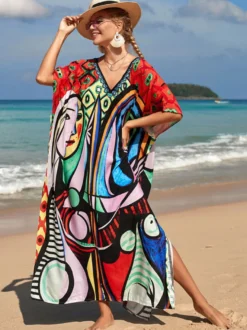 Robes maxi oversize à manches courtes imprimées col en V et manches chauve-souris maillots de bain rouges sportifs pour l'été