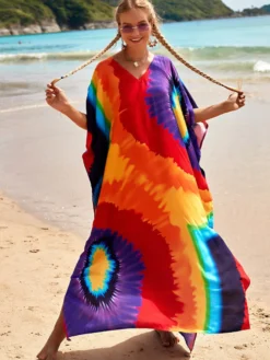 Robes maxi oversize à manches courtes imprimées col en V et manches chauve-souris maillots de bain rouges sportifs pour l'été