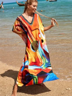 Robes maxi oversize à manches courtes imprimées col en V et manches chauve-souris maillots de bain rouges sportifs pour l'été