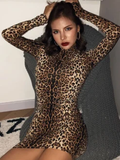 Robes Moulantes Courtes Imprimés Léopards à Col Montant avec Manches Longues Coupe Cintrée Bicolores Sexy