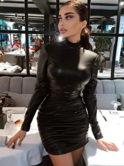 Robes moulantes noires manches longues plissées sexy col bijou robe extensible robe fourreau