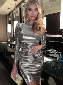 Robes moulantes noires manches longues plissées sexy col bijou robe extensible robe fourreau