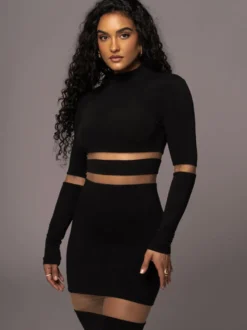Robes Moulantes Noires Transparentes Col Haut Extensible Chic Manches Longues