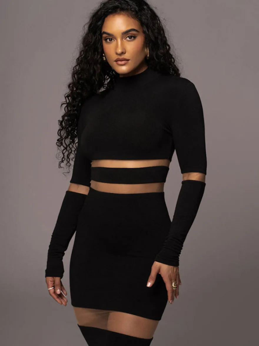 Robes Moulantes Noires Transparentes Col Haut Extensible Chic Manches Longues