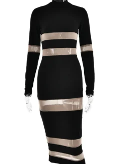 Robes Moulantes Noires Transparentes Col Haut Extensible Chic Manches Longues