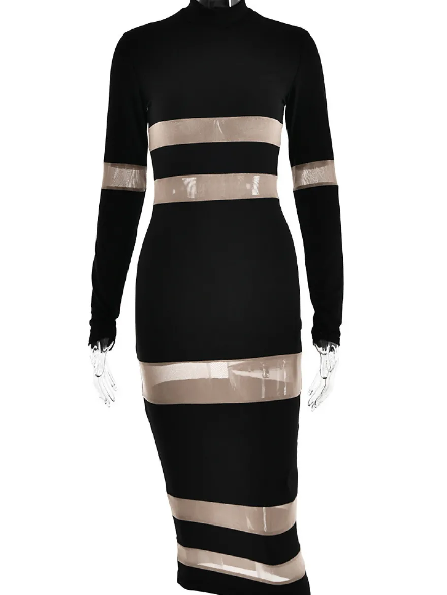 Robes Moulantes Noires Transparentes Col Haut Extensible Chic Manches Longues