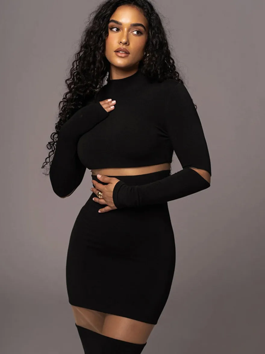 Robes Moulantes Noires Transparentes Col Haut Extensible Chic Manches Longues