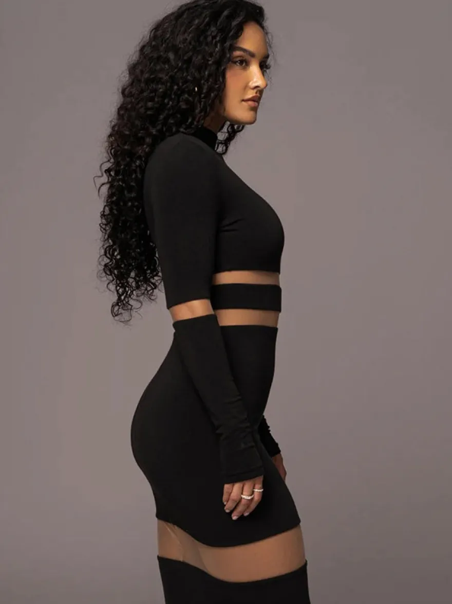 Robes Moulantes Noires Transparentes Col Haut Extensible Chic Manches Longues