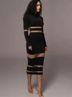 Robes Moulantes Noires Transparentes Col Haut Extensible Chic Manches Longues