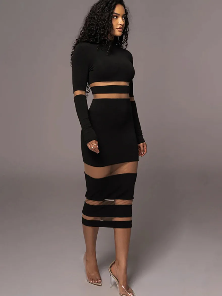 Robes Moulantes Noires Transparentes Col Haut Extensible Chic Manches Longues