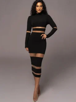 Robes Moulantes Noires Transparentes Col Haut Extensible Chic Manches Longues