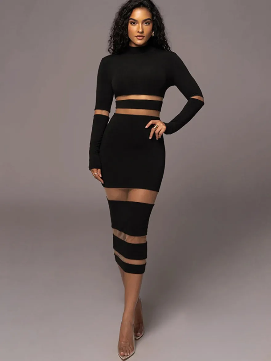 Robes Moulantes Noires Transparentes Col Haut Extensible Chic Manches Longues