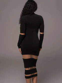Robes Moulantes Noires Transparentes Col Haut Extensible Chic Manches Longues