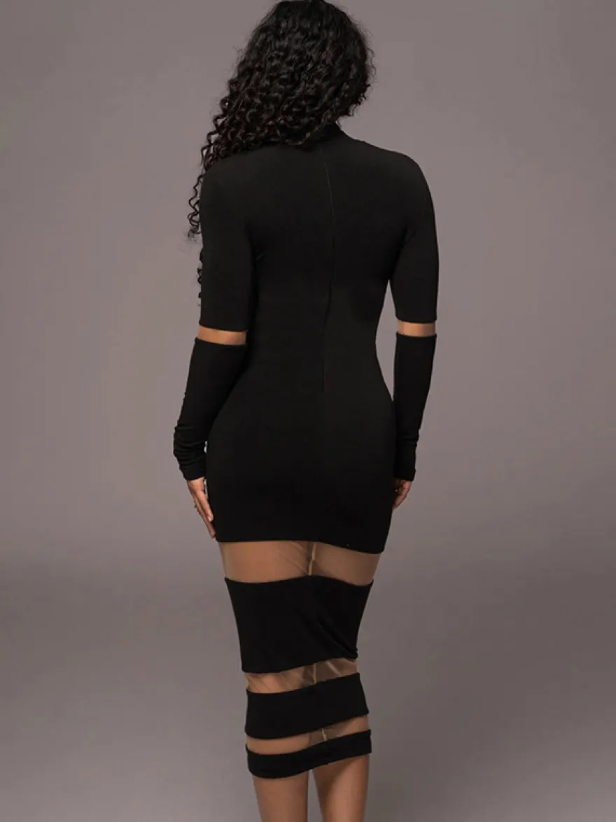 Robes Moulantes Noires Transparentes Col Haut Extensible Chic Manches Longues