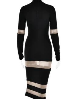 Robes Moulantes Noires Transparentes Col Haut Extensible Chic Manches Longues