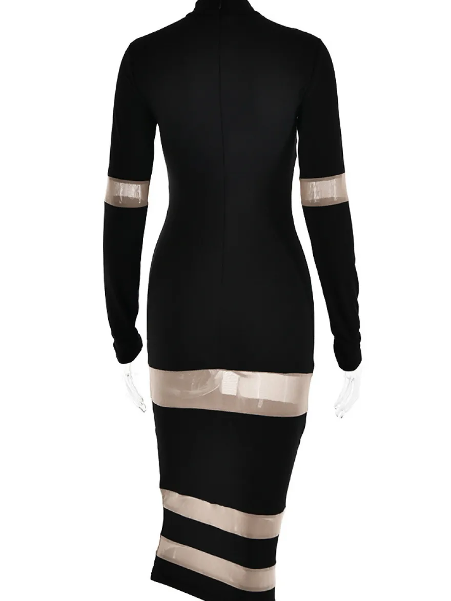 Robes Moulantes Noires Transparentes Col Haut Extensible Chic Manches Longues