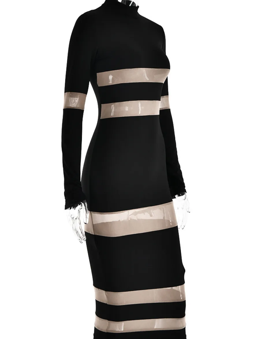 Robes Moulantes Noires Transparentes Col Haut Extensible Chic Manches Longues