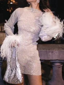 Robes Moulantes Rose Col Rond Plumes Sexy Robe Crayon Manches Longues