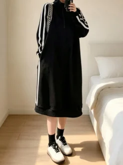 Robe sweat-shirt longue à col montant et demi-zip rayures latérales coupe ample et décontractée manches longues style midi pour femme