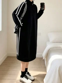 Robe sweat-shirt longue à col montant et demi-zip rayures latérales coupe ample et décontractée manches longues style midi pour femme