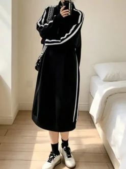 Robe sweat-shirt longue à col montant et demi-zip rayures latérales coupe ample et décontractée manches longues style midi pour femme