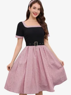 Robe swing vintage années 1950 robe à pois contrastés col carré robe de thé