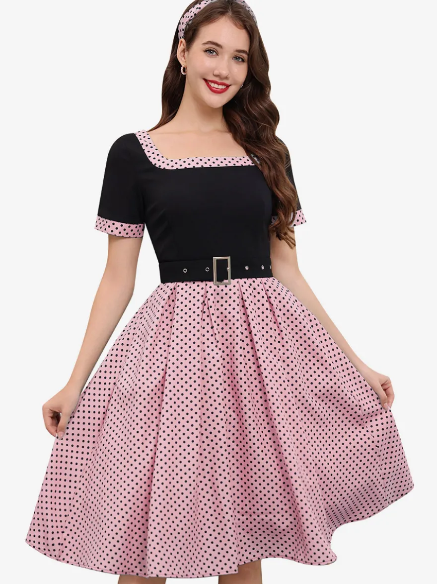 Robe swing vintage années 1950 robe à pois contrastés col carré robe de thé