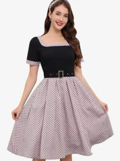 Robe swing vintage années 1950 robe à pois contrastés col carré robe de thé