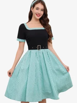 Robe swing vintage années 1950 robe à pois contrastés col carré robe de thé